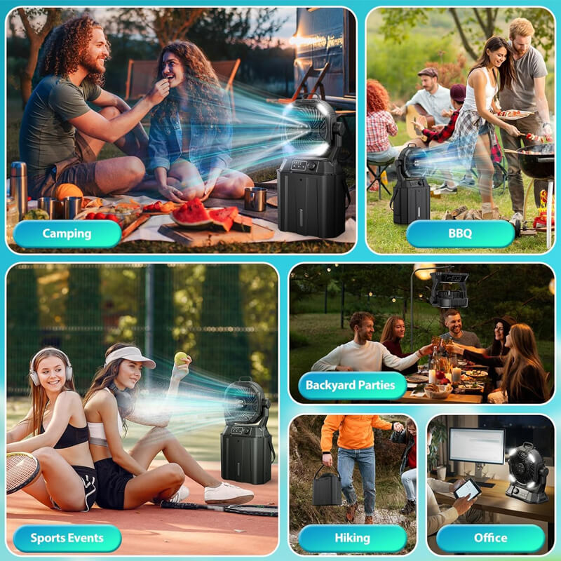 This misting camping fan is designed for both outdoor adventures and indoor comfort. From camping trips and BBQs to home patios and indoor spaces, it delivers refreshing coolness wherever you need it — making every moment more enjoyable!