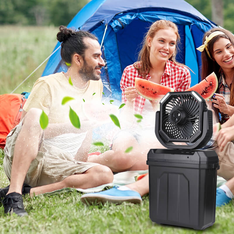 Don’t let the heat ruin your outdoor fun. Our camping fan delivers strong breezes and refreshing mist — just add ice and water to the bucket! Instantly making you feel cool and comfortable. Portable and the blowing distance is up to 6.6ft/2m. Perfect for camping, tailgating, BBQs, festivals, and backyard relaxing.