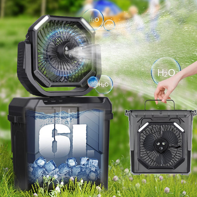 Fill fully with ice or water, spray continuously for 10 hours, without constant refilling, combined with turbocharged airflow, it activates evaporative cooling in 5 seconds, achieving a 53.6℉/12°C perceived temperature drop. Enjoy all-day outdoor adventures! When not in use, the fan can be stored in the bucket. It is easy to carry and does not take up space.