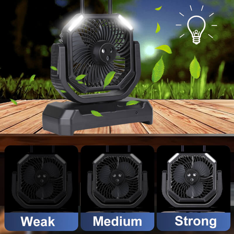 With 2 led lights, 4 blowing modes with 3 brightness levels lighting（strong use for 18h, medium use for 36, weak modes use for 100h,and extra sleep mode cycle shift blowing ), easily and flexibly adjust your cool experience.