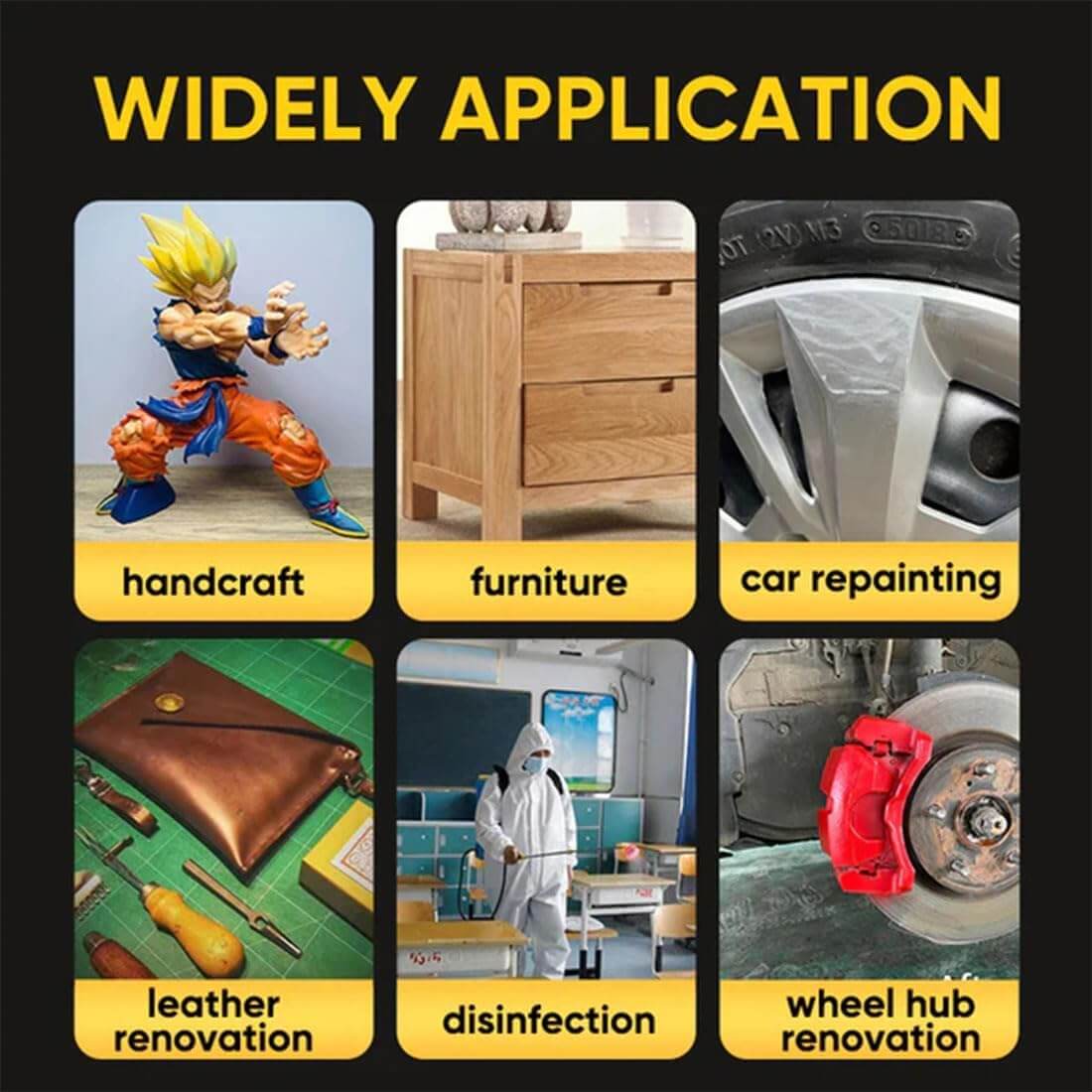 Its applications include automotive touch-ups, statue coloring, leather goods renovation, handicraft coloring, wooden door touch-ups, furniture painting, disinfection, and various spray-painting tasks, to meet diverse painting needs.