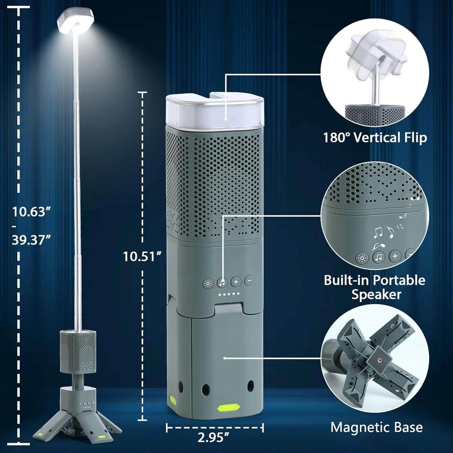 The Retractable Camping Light with Speaker features an adjustable height from 10.6 to 39.4 inches(27-100cm), from cozy tent vibes to full campsite illumination, giving you perfect lighting and sound anywhere.