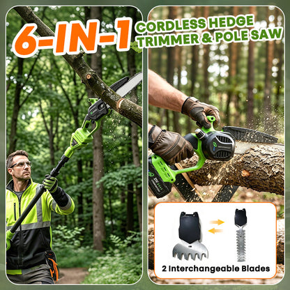 itoolmax 6 in 1 cordless hedge trimmer pole saw 2 interchanging blades