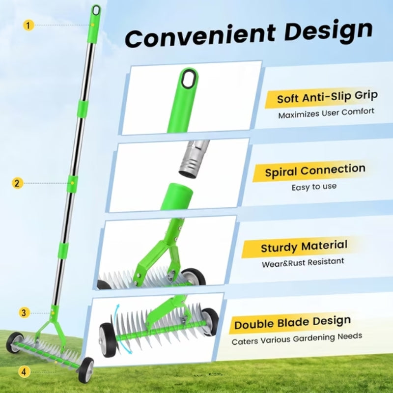 itoolmax adjustable thatch rake with wheels convenient design