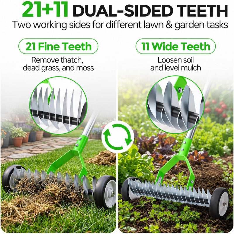 itoolmax adjustable thatch rake with wheels dual sided teeth