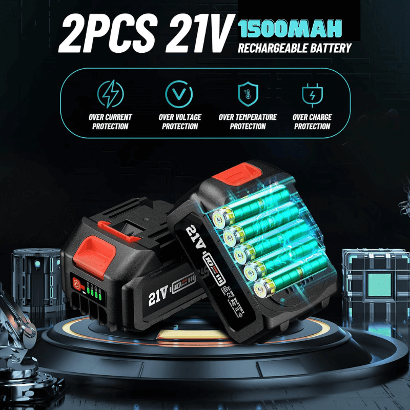 2* 1500mAh batteries, twice the size of batteries on the market. Up to 120 minutes of continuous use (2 batteries).