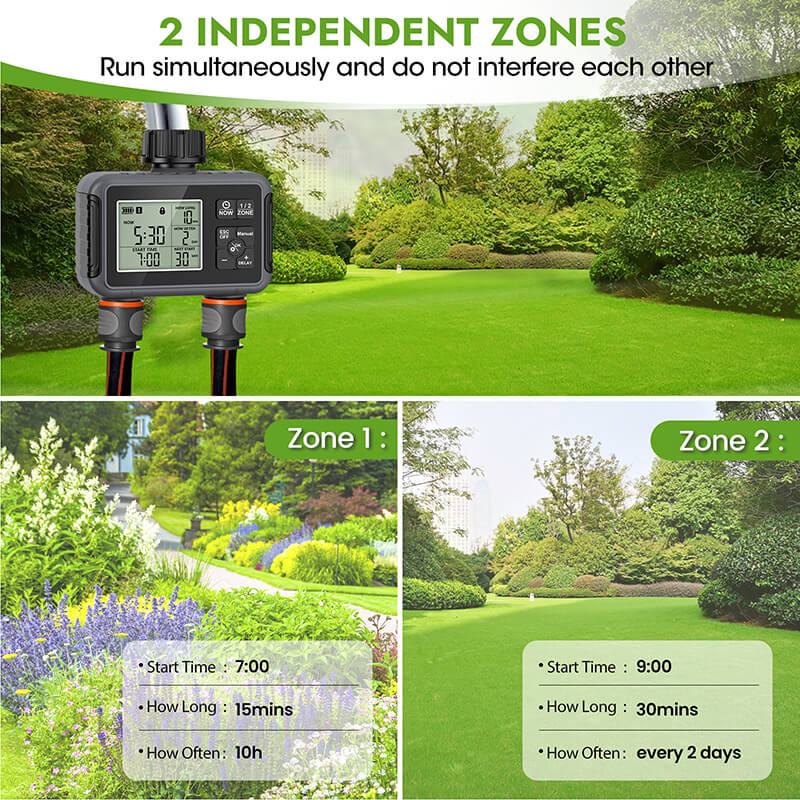 The outdoor garden watering timer allows you to regularly time setting to water two different areas independently, the watering time can be set from 1 to 6 hours, interval time can be set from 1 to 23 h, 1 to 15 days. Eliminating water waste and interference with each other, achieving larger, more accurate and efficient irrigation.