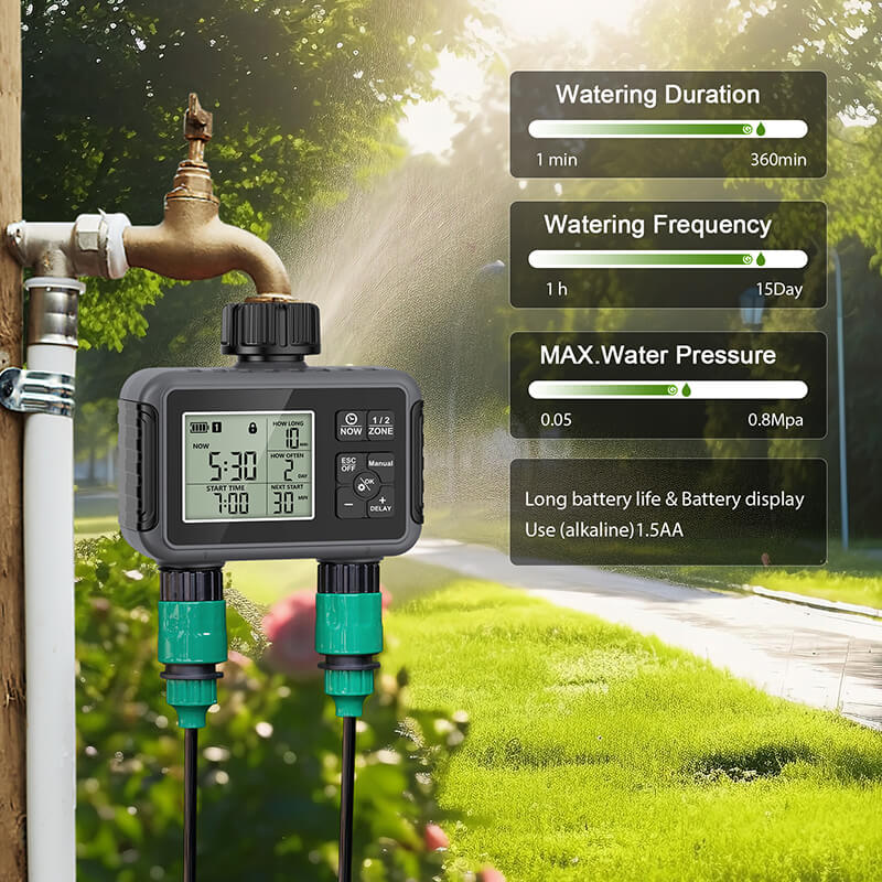 Is your garden watering timer not enough? You still have to drag a heavy hose to spray other places? Now we have 2-Zone Sprinkler Water Timer for you. With two independently programmable zones, you can water your garden and lawn on separate schedules, save more time and effort for watering your outdoor area!