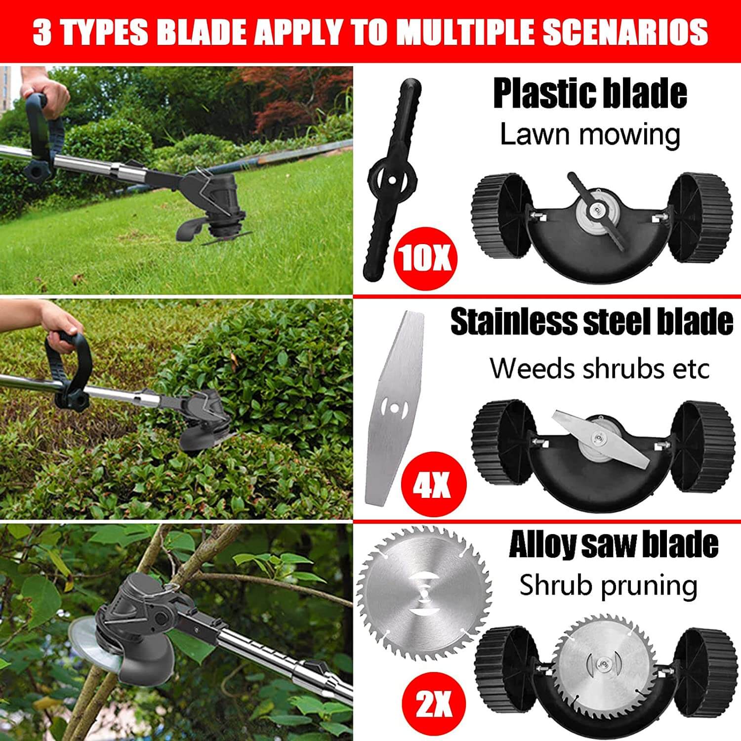 Our battery power Cordless weed eater comes with 3 types blades.① Stainless steel metal blades for cutting thick weed and small shrubs. ② Circular saw blades for cutting thicker shrub, branches, sapling . ③ Plastic blades are suitable for mowing soft grass and other light stuff.