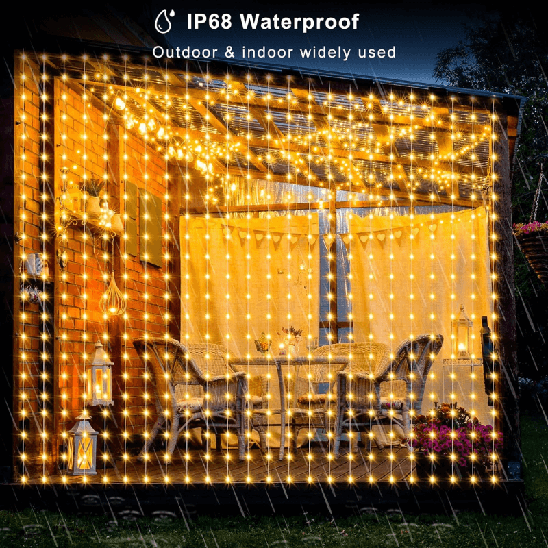 100% waterproof curtain lights can withstand heavy rain and snow (the USB has to kept in a dry place). iToolMax Curtain Lights are perfect for indoor and outdoor decoration: home, party, bedroom, window, patio, garden, arch, Christmas tree, backyard, deck, office building, bar, Music festival etc.