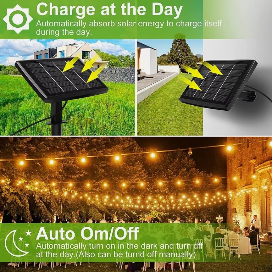 iToolmax Solar String Lights come equipped with a durable and efficient solar panel designed to harness solar energy efficiently. Automatically charge in the day, turn on at night. The continuous lighting time can last for 8 hours.