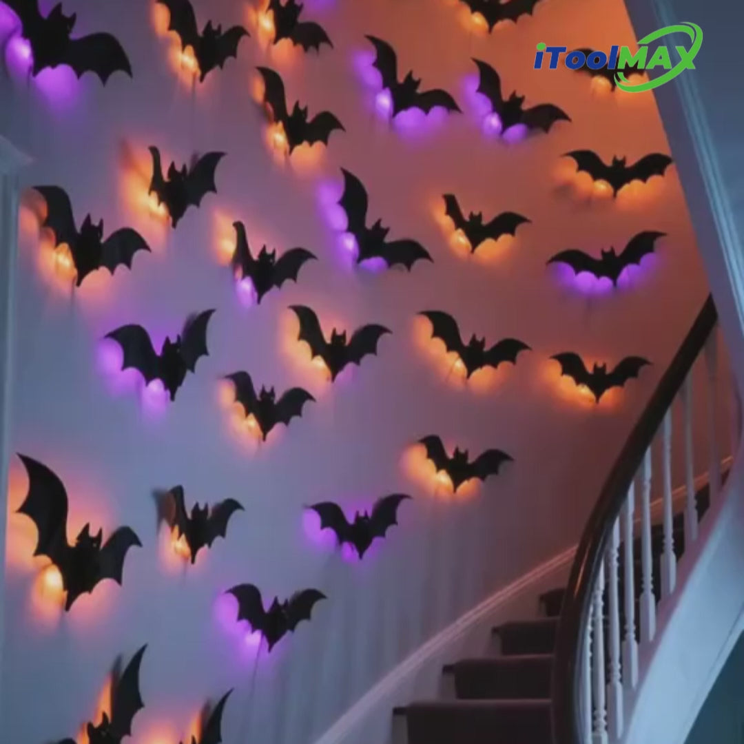Load video: Halloween 3D Lighted Bats LED Decorations itoolmax