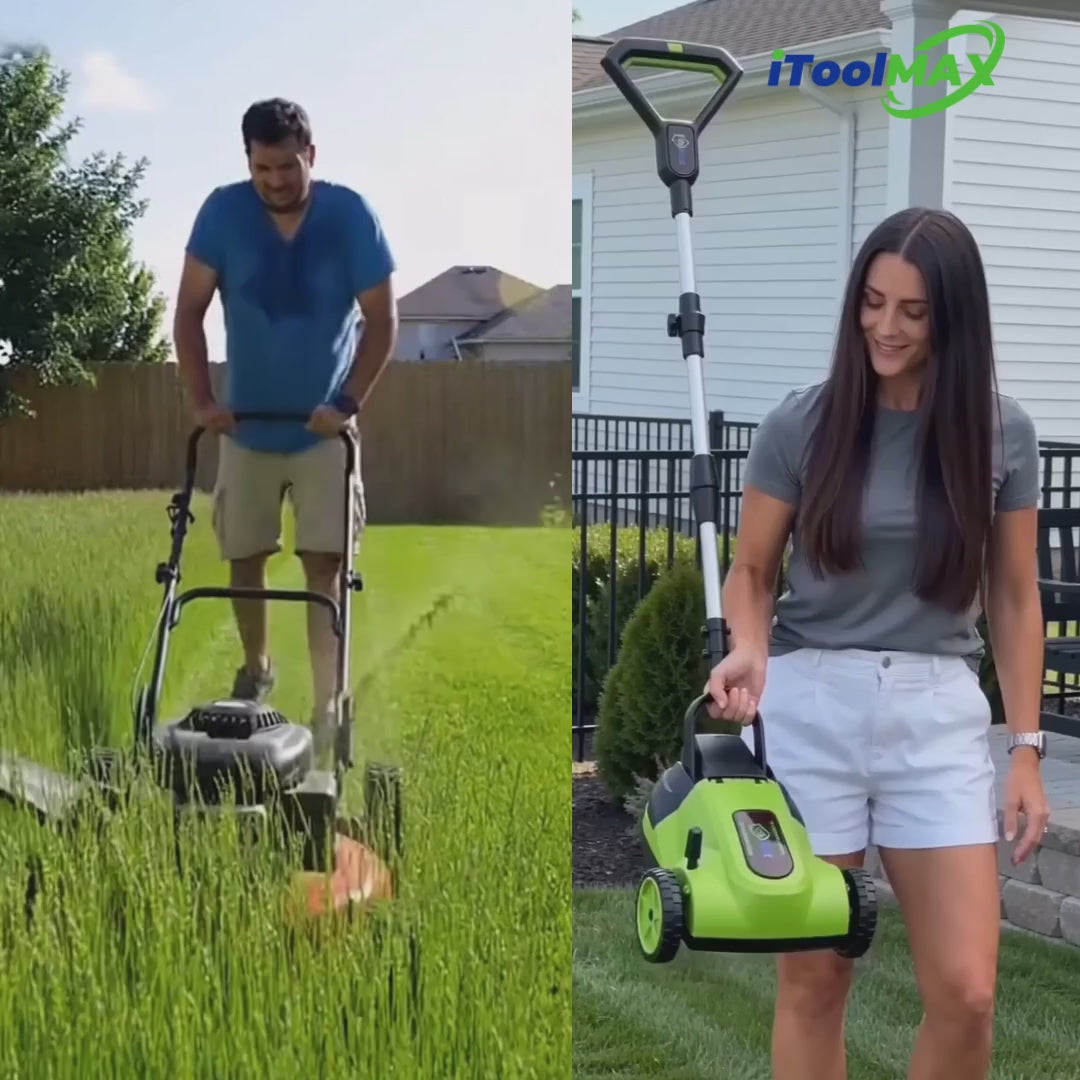 Cargar video: iToolMax 8.7-Inch Small Electric Lawn Mower perfect for small garden