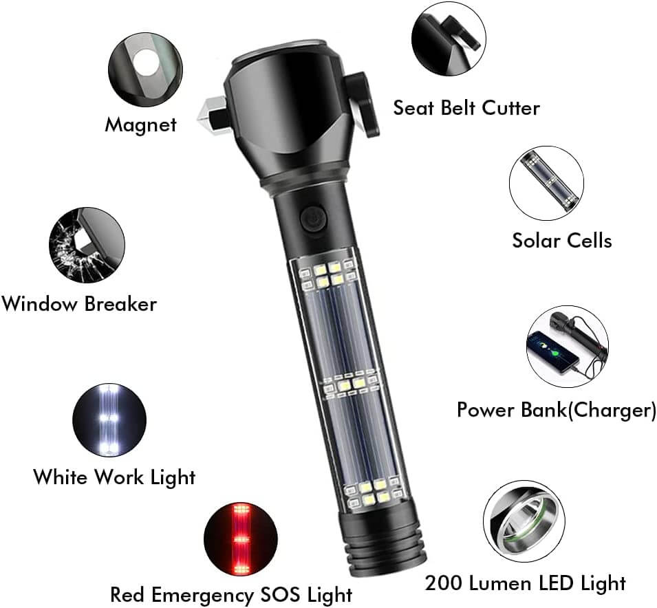 Spurtar Solar Flashlight Torch Car LED Flashlight Tactical Emergency 7 Modes Light USB Rechargeable Solar Powered Flashlight 2000mAh Super Bright Wit